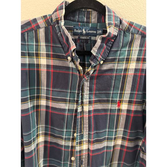 Ralph Lauren Classic Fit Button Up Green Blue Yellow Plaid Shirt Sz XL - Picture 3 of 5